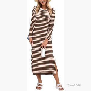 3/4 Sleeve Midi T-Shirt Dress, Rayon Blend, Side Slits, Casual Wear
